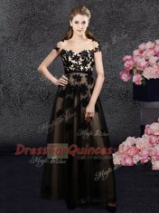Suitable Black Tulle Backless Sweetheart Short Sleeves Ankle Length Prom Evening Gown Appliques