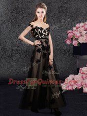 Suitable Black Tulle Backless Sweetheart Short Sleeves Ankle Length Prom Evening Gown Appliques