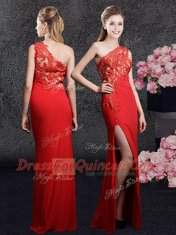 Dynamic One Shoulder Sleeveless Chiffon Floor Length Side Zipper Homecoming Dress in Red with Lace and Appliques