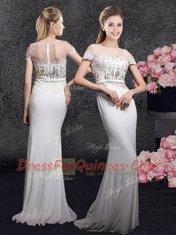 Exquisite Scoop With Train White Homecoming Dress Elastic Woven Satin Brush Train Short Sleeves Appliques and Sequins