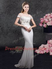 Exquisite Scoop With Train White Homecoming Dress Elastic Woven Satin Brush Train Short Sleeves Appliques and Sequins