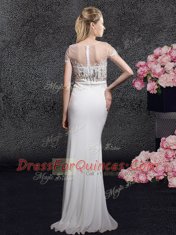 Exquisite Scoop With Train White Homecoming Dress Elastic Woven Satin Brush Train Short Sleeves Appliques and Sequins