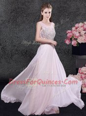Scoop Sleeveless Chiffon Prom Gown Beading Zipper
