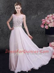 Scoop Sleeveless Chiffon Prom Gown Beading Zipper