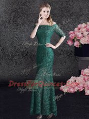 Mermaid Lace Scalloped Half Sleeves Lace Up Lace in Dark Green