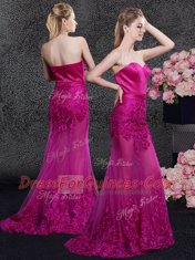 Mermaid Lace and Appliques Homecoming Dress Fuchsia Zipper Sleeveless Floor Length Sweep Train