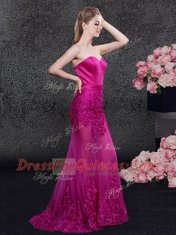 Mermaid Lace and Appliques Homecoming Dress Fuchsia Zipper Sleeveless Floor Length Sweep Train