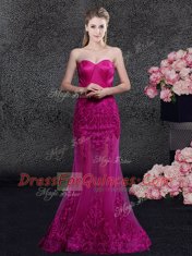 Mermaid Lace and Appliques Homecoming Dress Fuchsia Zipper Sleeveless Floor Length Sweep Train
