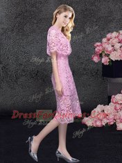 Great Lace Knee Length Pink Prom Dress Scoop Half Sleeves Zipper