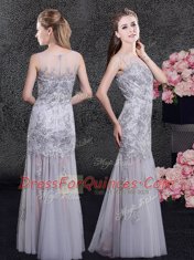 On Sale Scoop Grey Tulle Zipper Prom Dress Sleeveless Floor Length Lace and Appliques