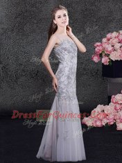 On Sale Scoop Grey Tulle Zipper Prom Dress Sleeveless Floor Length Lace and Appliques