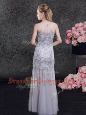 On Sale Scoop Grey Tulle Zipper Prom Dress Sleeveless Floor Length Lace and Appliques