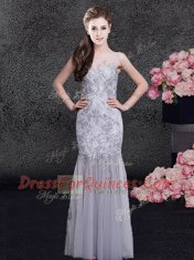 On Sale Scoop Grey Tulle Zipper Prom Dress Sleeveless Floor Length Lace and Appliques
