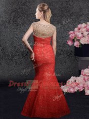 Nice Mermaid Red Cap Sleeves Floor Length Beading and Lace Zipper Prom Dress