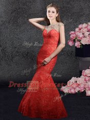 Nice Mermaid Red Cap Sleeves Floor Length Beading and Lace Zipper Prom Dress