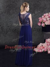 Navy Blue Empire Scoop Cap Sleeves Chiffon Floor Length Side Zipper Beading and Appliques Homecoming Dress