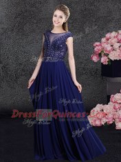 Navy Blue Empire Scoop Cap Sleeves Chiffon Floor Length Side Zipper Beading and Appliques Homecoming Dress