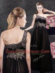 One Shoulder Black Sleeveless Appliques Floor Length Homecoming Dress
