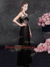 One Shoulder Black Sleeveless Appliques Floor Length Homecoming Dress