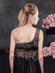 One Shoulder Black Sleeveless Appliques Floor Length Homecoming Dress