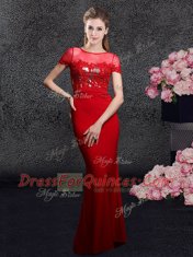 Customized Sequins Brush Train Column/Sheath Prom Evening Gown Red Scoop Elastic Woven Satin Short Sleeves With Train Zipper