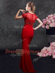 Customized Sequins Brush Train Column/Sheath Prom Evening Gown Red Scoop Elastic Woven Satin Short Sleeves With Train Zipper