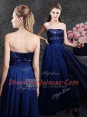 Sleeveless Floor Length Sequins Zipper Homecoming Dress with Navy Blue