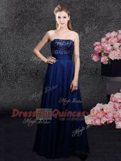 Sleeveless Floor Length Sequins Zipper Homecoming Dress with Navy Blue