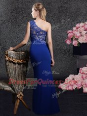 Wonderful Royal Blue One Shoulder Side Zipper Lace and Appliques Prom Dress Sleeveless