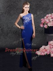 Wonderful Royal Blue One Shoulder Side Zipper Lace and Appliques Prom Dress Sleeveless