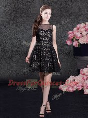 Mini Length Side Zipper Prom Gown Black for Prom and Military Ball and Sweet 16 and Wedding Party with Lace