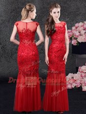 Glittering Mermaid Floor Length Red Prom Dresses Scoop Cap Sleeves Zipper