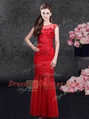 Glittering Mermaid Floor Length Red Prom Dresses Scoop Cap Sleeves Zipper