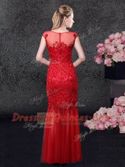 Glittering Mermaid Floor Length Red Prom Dresses Scoop Cap Sleeves Zipper