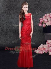 Glittering Mermaid Floor Length Red Prom Dresses Scoop Cap Sleeves Zipper