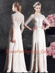 Champagne High-neck Zipper Lace Prom Dresses Half Sleeves