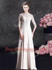 Champagne High-neck Zipper Lace Prom Dresses Half Sleeves