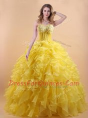 Gold Sweetheart Lace Up Appliques and Ruffles Quinceanera Dress Sleeveless