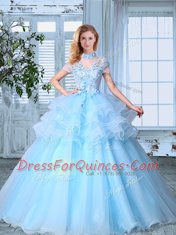 Exquisite SeeThrough Light Blue A-line Organza High-neck Short Sleeves Appliques and Ruffled Layers Floor Length Lace Up Sweet 16 Dresses