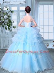 Exquisite SeeThrough Light Blue A-line Organza High-neck Short Sleeves Appliques and Ruffled Layers Floor Length Lace Up Sweet 16 Dresses