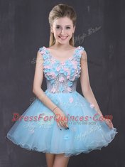 Perfect V-neck Sleeveless Lace Up Dress for Prom Baby Blue Organza