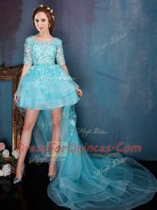 Decent Square High Low Aqua Blue Prom Evening Gown Organza Half Sleeves Beading