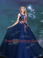 Shining Navy Blue Lace Up Scoop Appliques Quinceanera Dresses Tulle Sleeveless