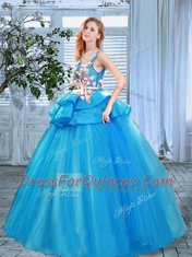 Custom Design Scoop Blue A-line Appliques and Hand Made Flower 15 Quinceanera Dress Lace Up Organza Sleeveless Floor Length