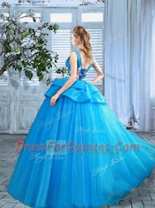 Custom Design Scoop Blue A-line Appliques and Hand Made Flower 15 Quinceanera Dress Lace Up Organza Sleeveless Floor Length