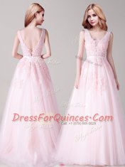 Baby Pink Prom Gown Prom and For with Appliques and Belt V-neck Sleeveless Backless
