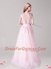 Baby Pink Prom Gown Prom and For with Appliques and Belt V-neck Sleeveless Backless