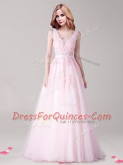 Baby Pink Prom Gown Prom and For with Appliques and Belt V-neck Sleeveless Backless