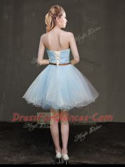 Light Blue A-line Appliques and Belt Lace Up Organza Sleeveless Mini Length