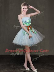 Light Blue A-line Appliques and Belt Lace Up Organza Sleeveless Mini Length